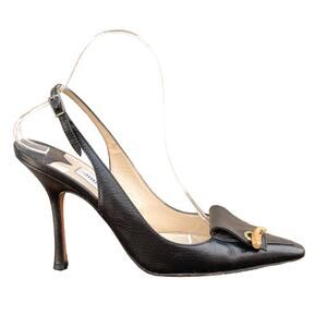 JIMMY CHOO Leather Slingback Women's Size 38 Black Pointed Toe Horn Accent Heels